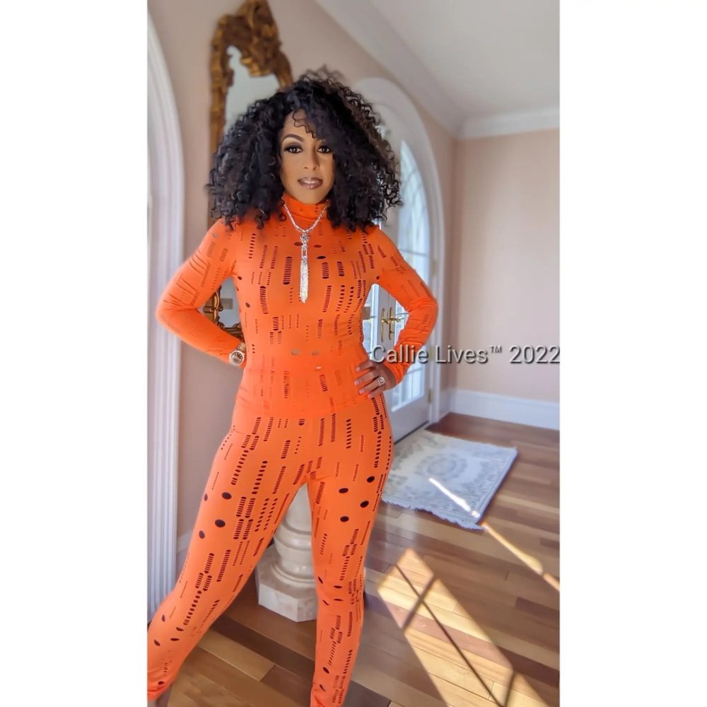 Xena Peel Orange: Distressed Stretched Ripped Torn Mock Bodycon Pant Set  Small